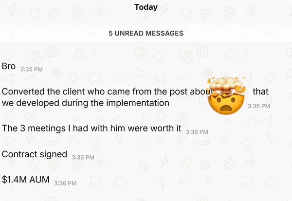 WhatsApp message from a client: +$1.4M AUM