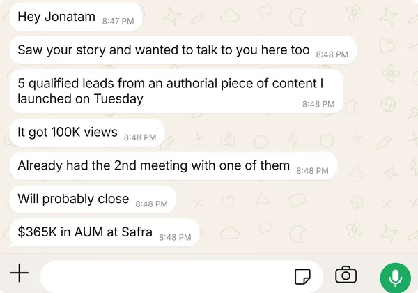 WhatsApp message from a client: 5 qualified leads