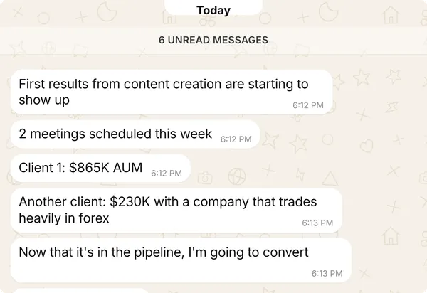 WhatsApp message from a client: +$1.1M AUM in pipeline